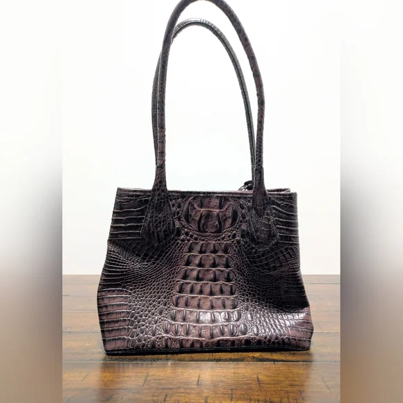 Vintage Brahmin Melbourne Anytime Brown Pecan Croc Leather Tote Shoulder Bag